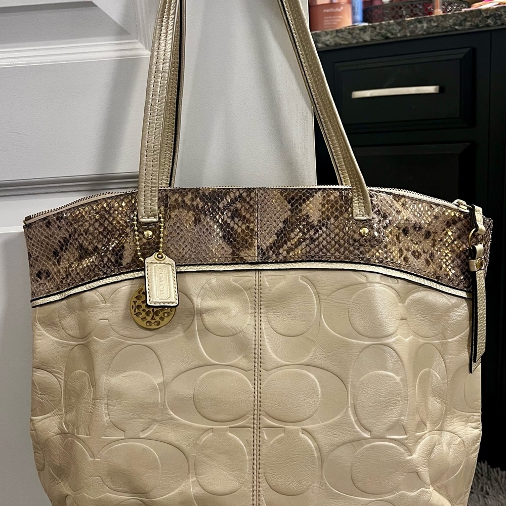 Coach Cream Leather Signature Tote with Snakeskin Trim